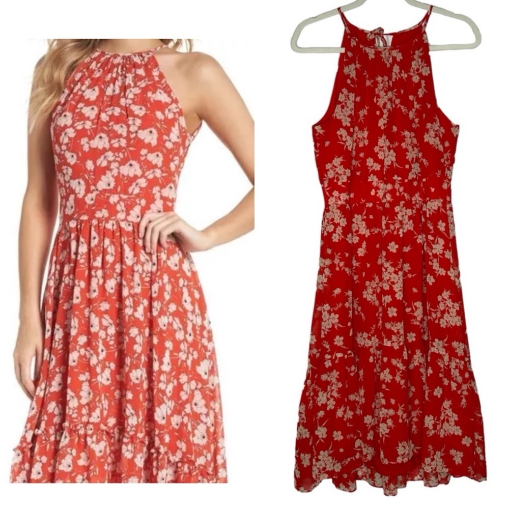 Eliza J Coral Red Floral Halter Maxi Dress